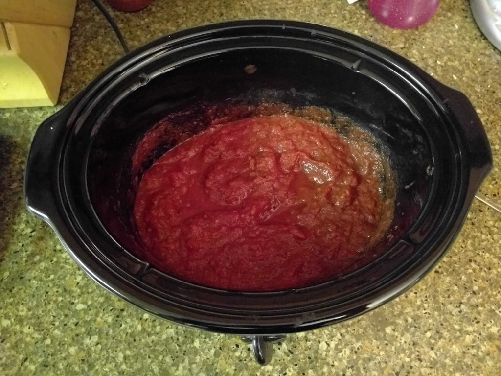 Homemade marinara sauce in a slow-cooker, after 9 hours on "low" heat